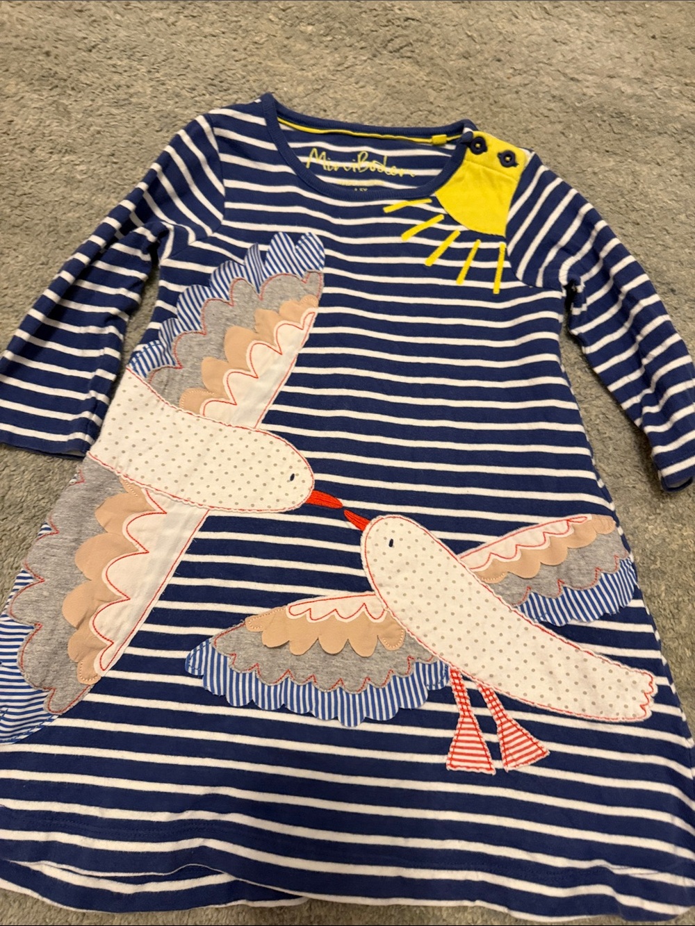 Mini Boden Navy and White Striped Dress with Bird Appliqués and Yellow Accent